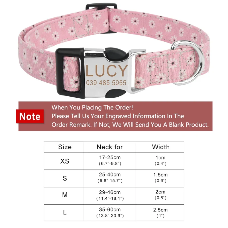 Customized Pet Collar Flower Dog Collar Engraved Tag ID Name Puppy Collars for Small Medium Large Dogs Pug