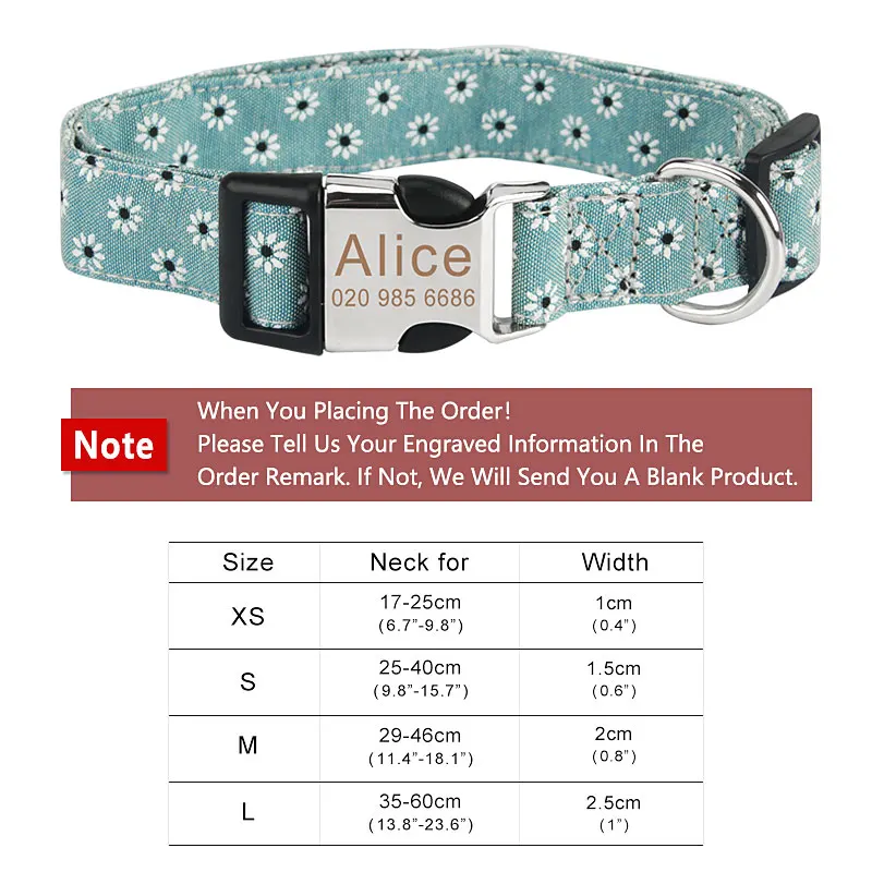Customized Pet Collar Flower Dog Collar Engraved Tag ID Name Puppy Collars for Small Medium Large Dogs Pug