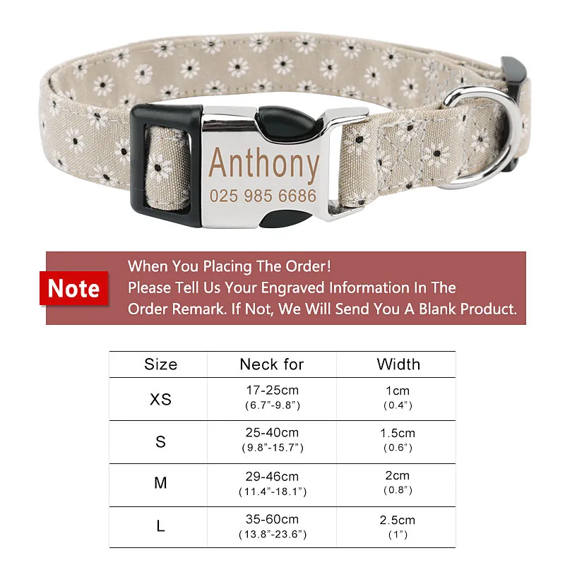 Customized Pet Collar Flower Dog Collar Engraved Tag ID Name Puppy Collars for Small Medium Large Dogs Pug