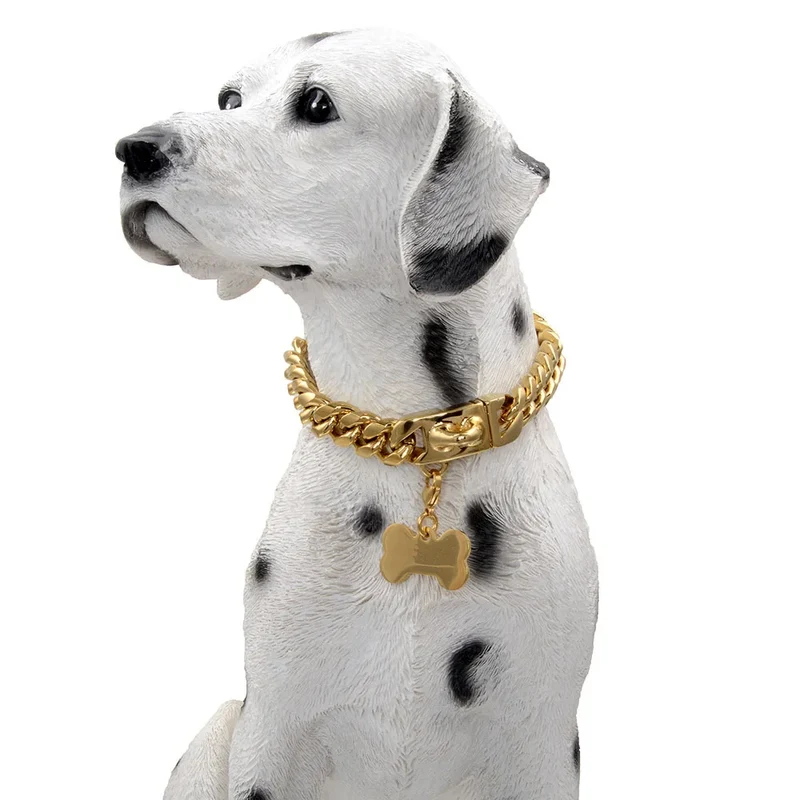 Heavy Duty Strong Metal Dog Cuban Chain Collar Stainless Steel Pet Collar For Large Dogs Pitbull Bulldog Silver Gold Show Collar
