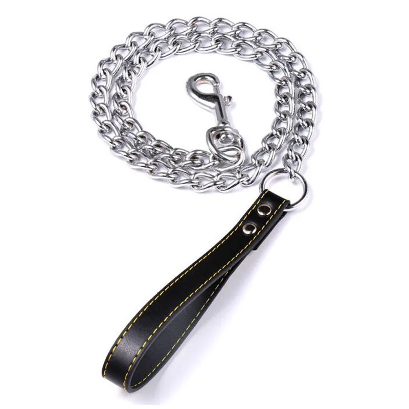 120cm Heavy Duty Anti-bite Dog Giant Chain Leash with Leather Handle Chain Dog Leash Durable Metal Chew Proof Dog Training Leash