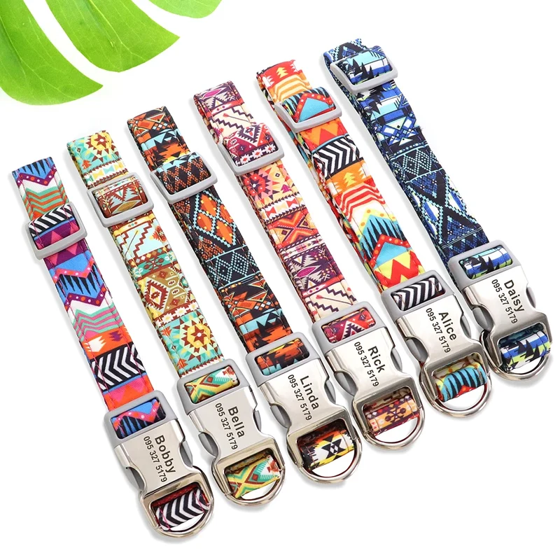 Adjustable Nylon Dog Collar Personalized Dogs Cat ID Collars With Engraved Name Buckle Anti-lost for Small Medium Large Dogs