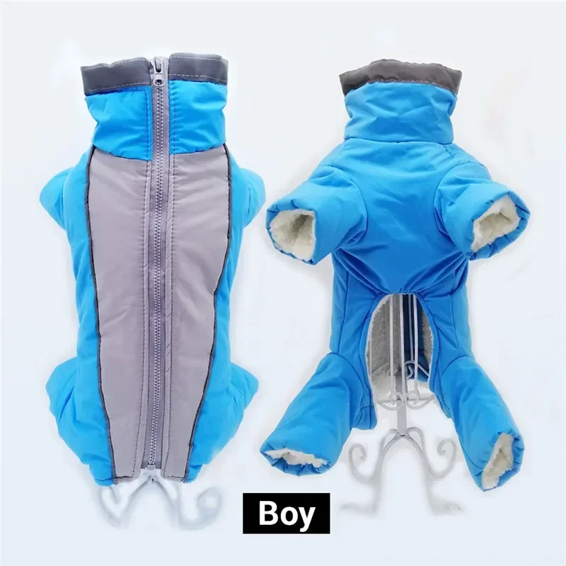 Dog winter clothing, warm and waterproof pet four legged jumpsuit, male/female dog reflective puppy jacket, puppy down jacket