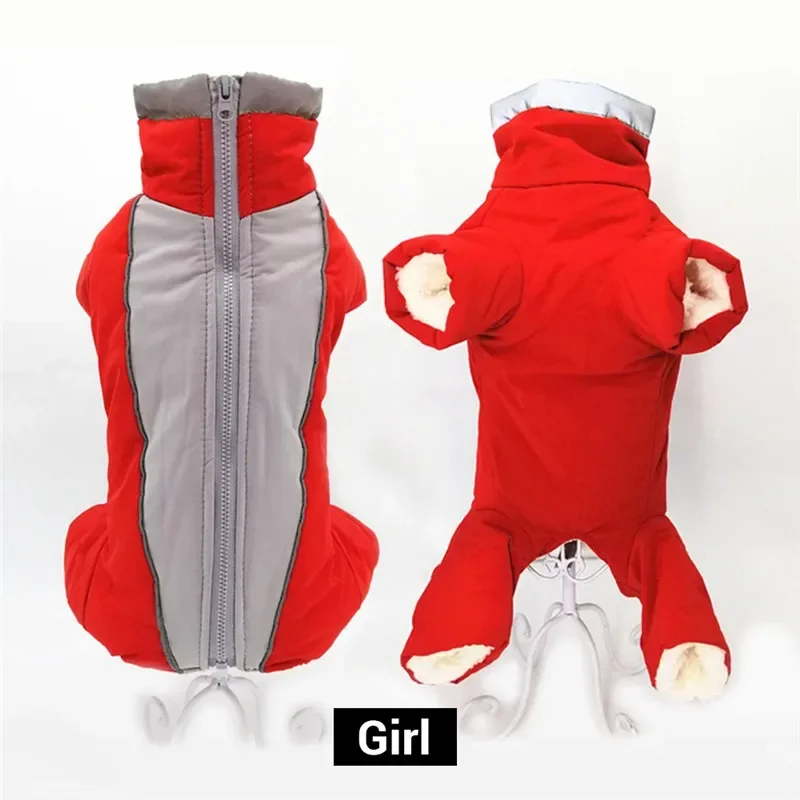Dog winter clothing, warm and waterproof pet four legged jumpsuit, male/female dog reflective puppy jacket, puppy down jacket