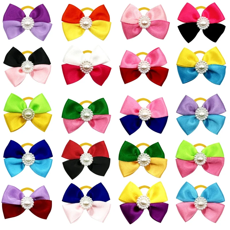 100pcs Pet Dog Hair Bow Accessories Pearl Accents Colourful with Rubber Bands for Cute Medium Small Dog Cats Pet Decoration