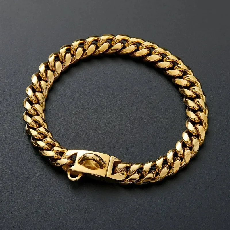Strong Stainless Steel Gold Large Dog Collar with Safety Buckle 14MM Cuban Link Chain Training Necklace Walk Doberman Titanium