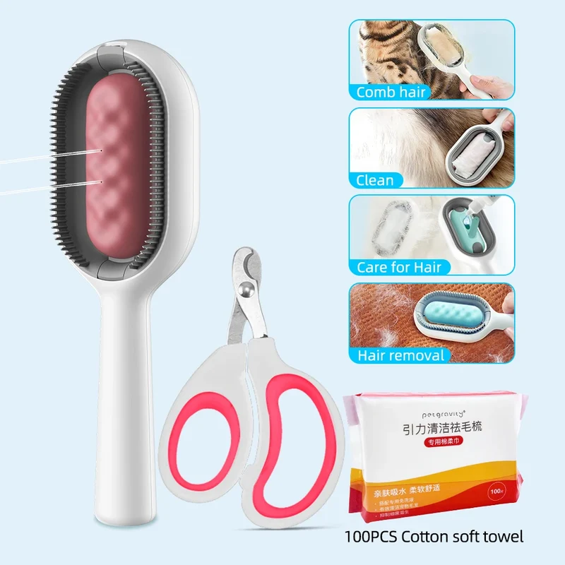 Double Sided Pet Cleaning Hair Removal Comb Long Hair Cat Dog Grooming Brush with 100pcs Cotton Tissue Kitten Brush Pet Supplies