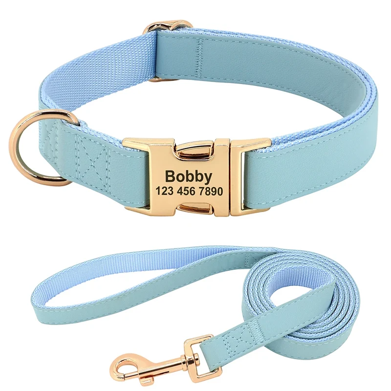 Personalized Dog Collar PU Leather Pet Collars and Leash Set Chihuahua Necklace Customized ID Name For Small Medium Large Dogs