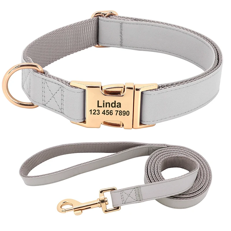Personalized Dog Collar PU Leather Pet Collars and Leash Set Chihuahua Necklace Customized ID Name For Small Medium Large Dogs