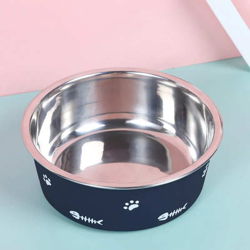 Pet Cat Feeding Bowl Stainless Steel Plastic Non-slip Single Bowl Food Drinking Tray Feeder Drop-resistant Durable Pet Dog Bowl