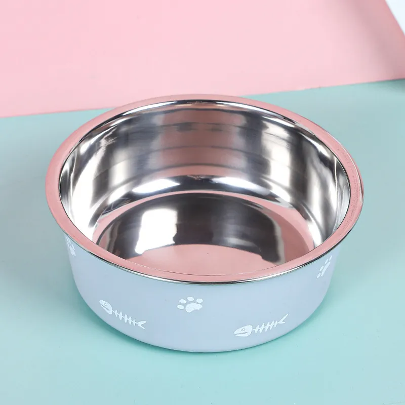 Pet Cat Feeding Bowl Stainless Steel Plastic Non-slip Single Bowl Food Drinking Tray Feeder Drop-resistant Durable Pet Dog Bowl