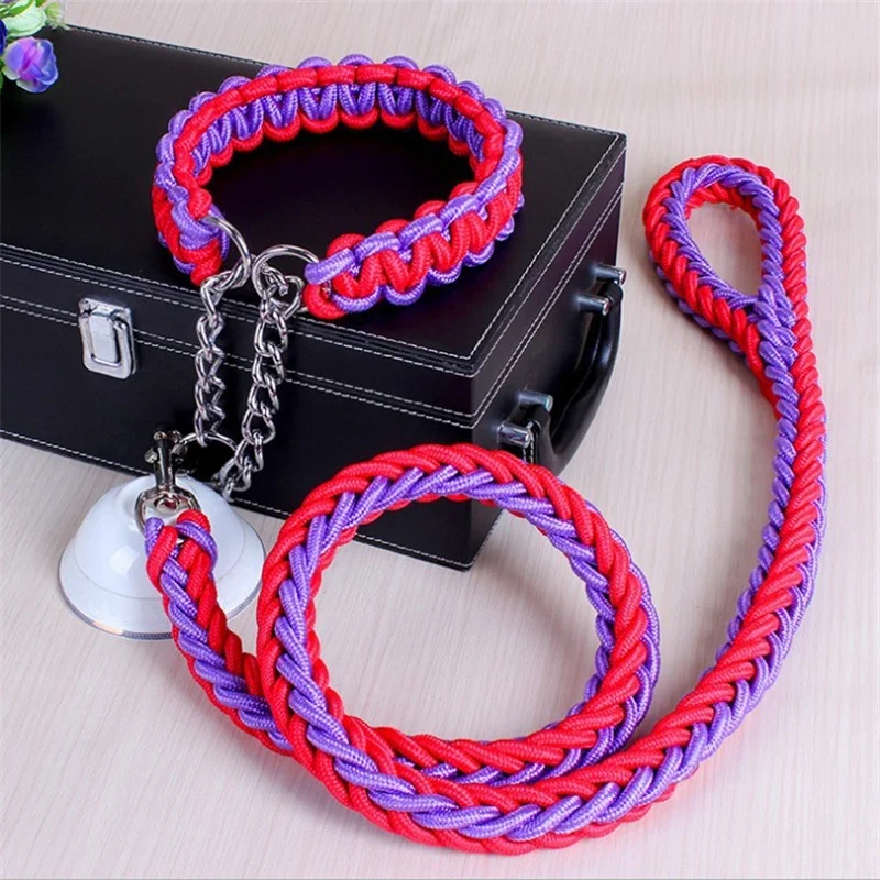 17 colors Length Double Strand Rope Large Dog Leashes Metal P Chain Buckle National Color Pet Traction Rope Collar Set 1.2M A 21