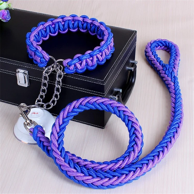 17 colors Length Double Strand Rope Large Dog Leashes Metal P Chain Buckle National Color Pet Traction Rope Collar Set 1.2M A 21