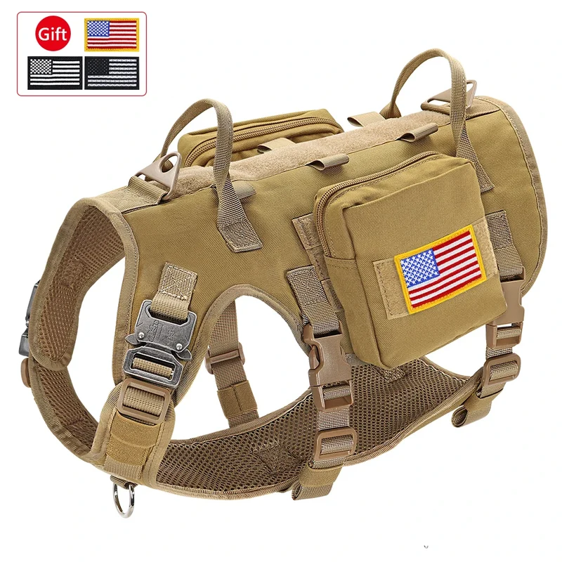 Tactical Dog Collar Harness Leash Nylon Military Pet Training Harness Vest With Bag For Medium Large Dogs Molle Harness Pouches