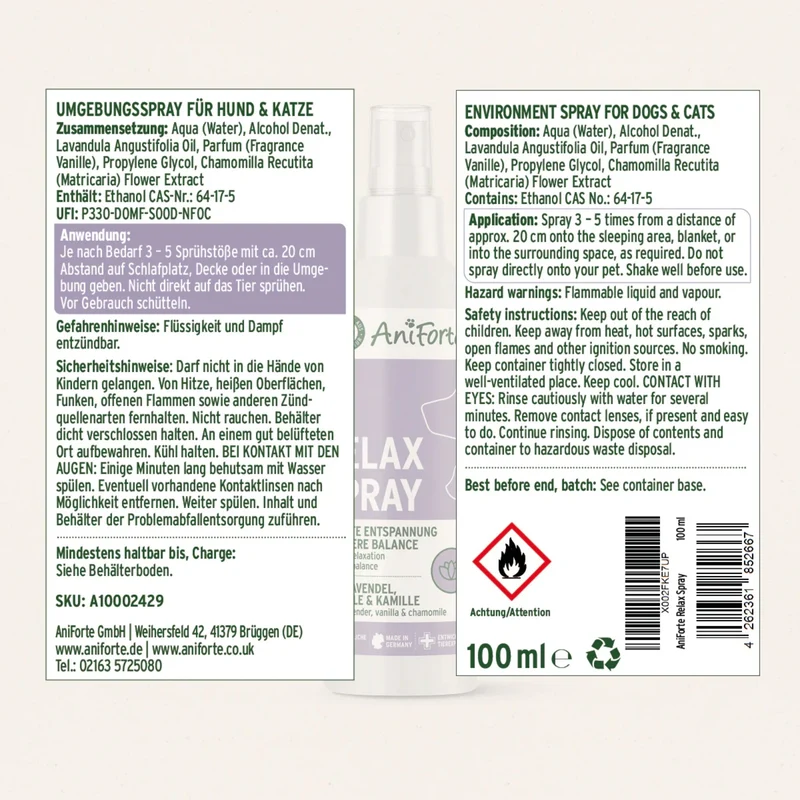 AniForte Relax Spray für Hunde & Katzen – Natürliche Beruhigung bei Stress, Angst & Unruhe durch Silvester, Gewitter & Autofahrten