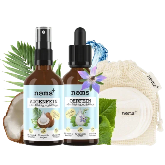 Großes Noms+ Pflege-Set | 2-in-1 Augenfein + 2-in-1 Ohrfein + Pflegepads | Für Hunde & Katzen | 100% vegan & tierleidfrei |