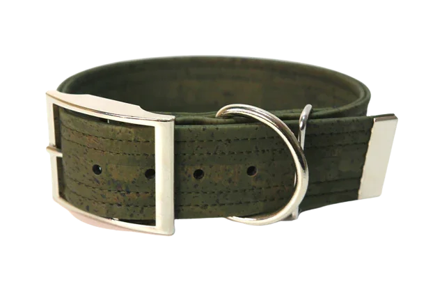 Hundehalsband mit Dornschnalle | Korkleder | Robust & Vegan | Olive/Silber