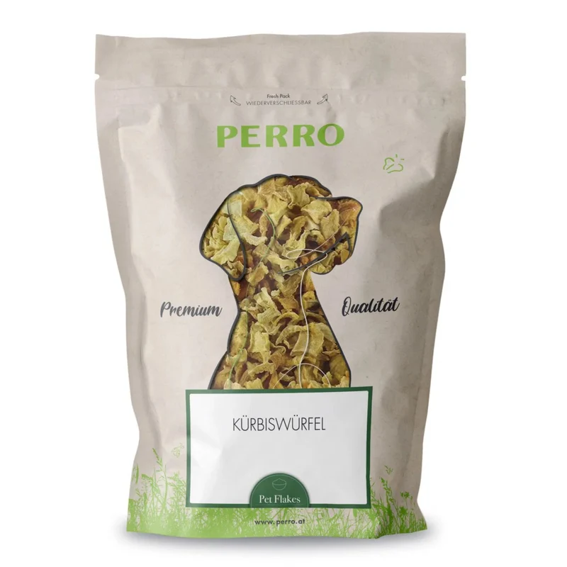 Perro Kürbiswürfel – Natürliche Flocken als Ergänzungsfutter für Hunde | Verdauung, Diät & Zellschutz | Getreidefrei, Glutenfrei, Reich an Beta-Carotin