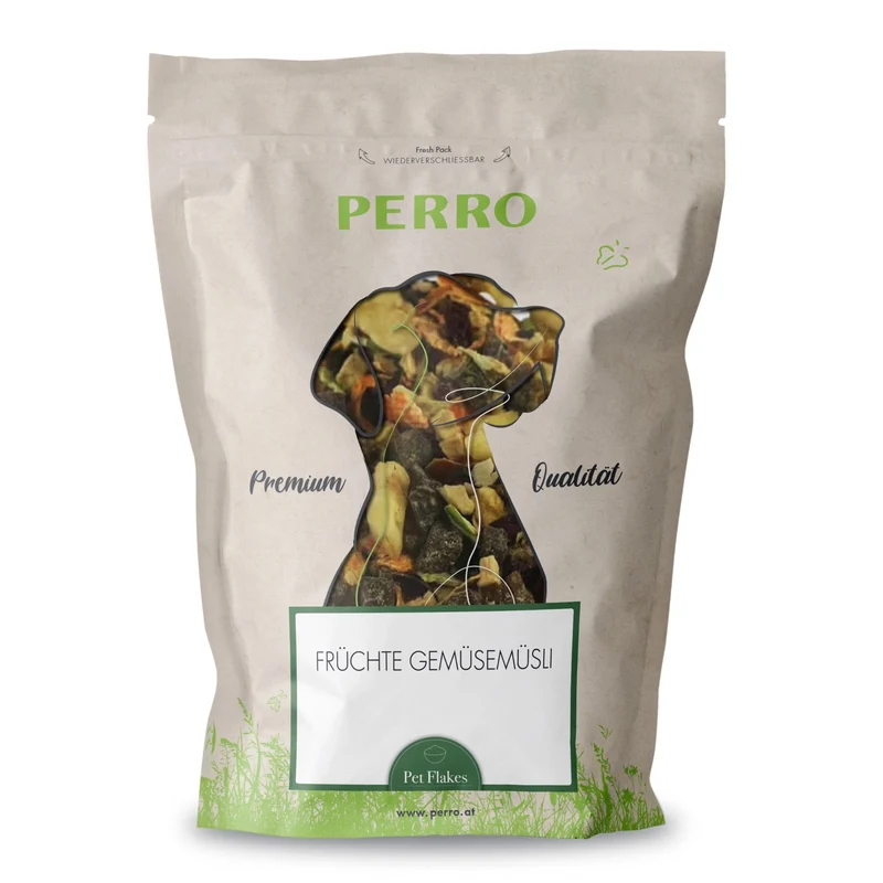 Perro Früchte-Gemüsemüsli – Getreidefreie Flocken, naturbelassen & reich an Vitaminen | Ergänzungsfutter für Hunde mit Karotten, Erbsen, Rote Beete & fruchtiger Mischung aus Ananas, Banane & Cranberries