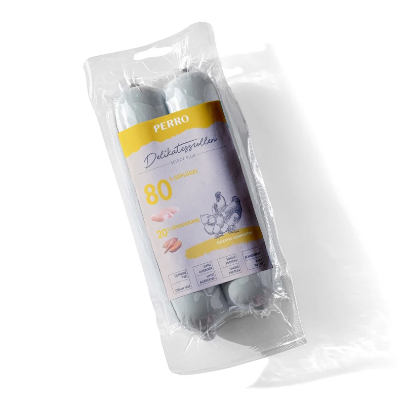 Perro Delikatessrolle No.3 Geflügel & Süßkartoffel – Allergikerfreundliche Hundewurst mit natürlichen Zutaten, perfekt portionierbar für gesunde Hundeernährung