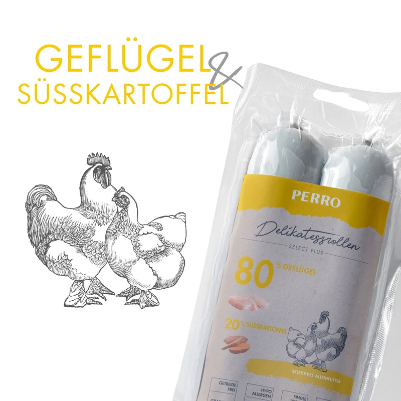 Perro Delikatessrolle No.3 Geflügel & Süßkartoffel – Allergikerfreundliche Hundewurst mit natürlichen Zutaten, perfekt portionierbar für gesunde Hundeernährung