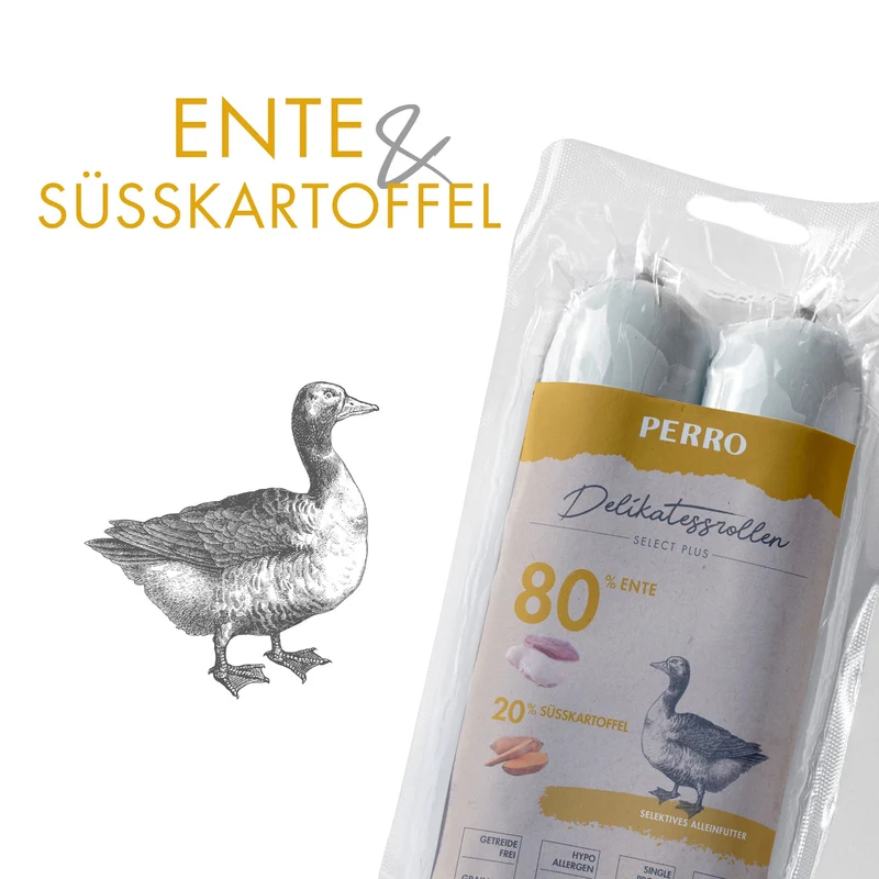 Perro Delikatessrolle No.3 Ente & Süßkartoffel – Premium Hundewurst für sensible Hunde, glutenfrei & Single-Protein, ideal bei Allergien & Unverträglichkeiten