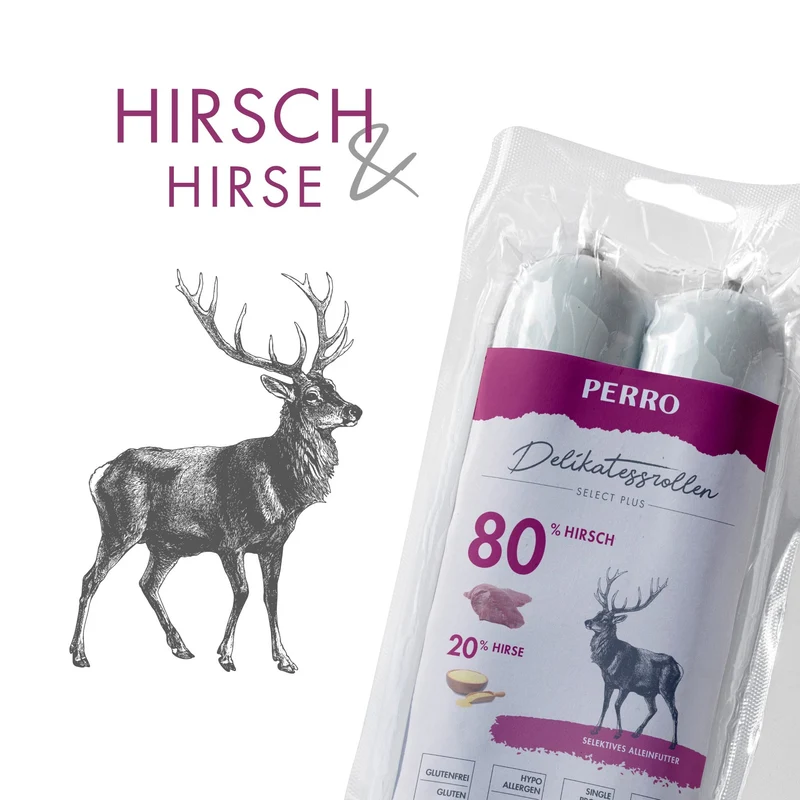 Perro Delikatessrolle No.2 Hirsch & Hirse – Hypoallergene Premium-Hundewurst mit 80% Single-Protein Frischfleisch, glutenfrei & getreidefrei für sensible Hunde