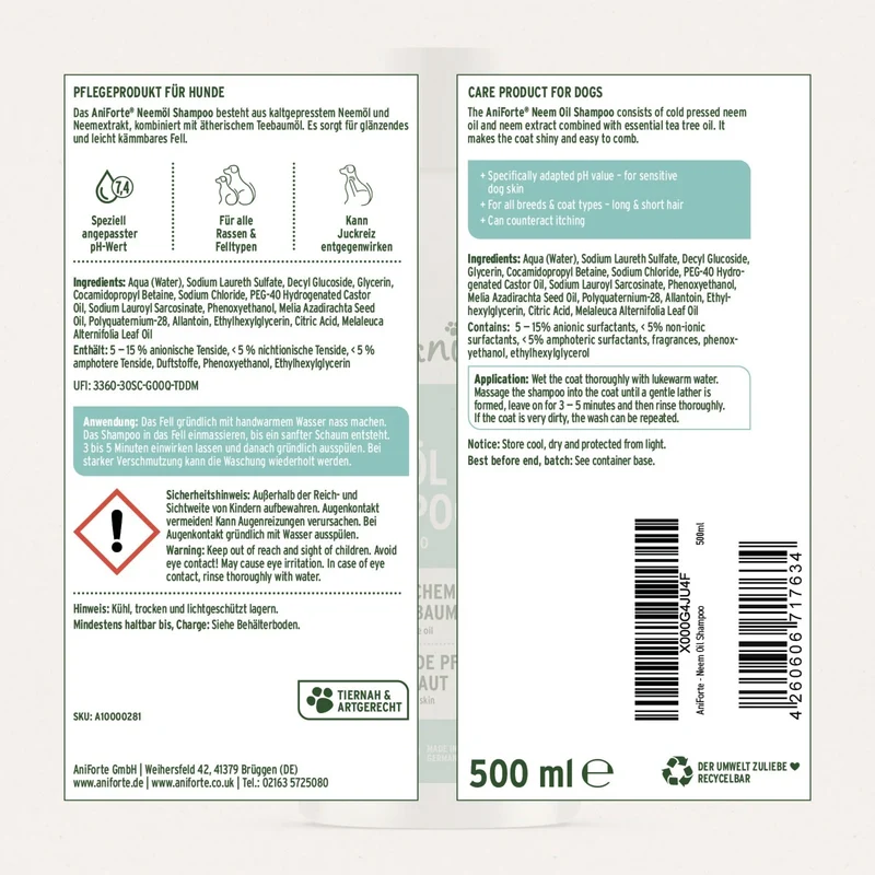 AniForte Neemöl Shampoo – Natürliche Pflege gegen Juckreiz & Hautirritationen für gesundes, glänzendes Hundefell bei sensibler Haut