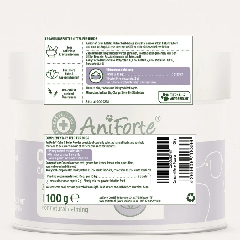 AniForte Calm & Relax – Natürliches Beruhigungspulver für ängstliche & nervöse Hunde – Pflanzliche Kräutermischung gegen Stress, Angst & Unruhe