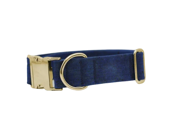 Hundehalsband mit Klickverschluss | Korkleder | Robust & Vegan | Denim/Gold