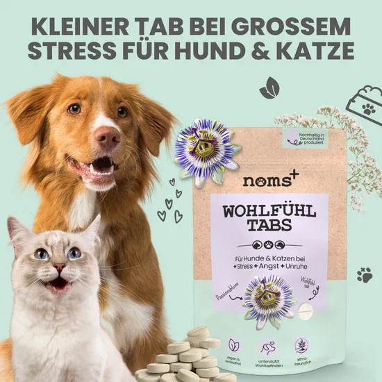 Noms+ Wohlfühltabs für Hunde & Katzen | Bei Stress, Angst, Unruhe & Hyperaktivität | 100% vegan & tierleidfrei | 130g