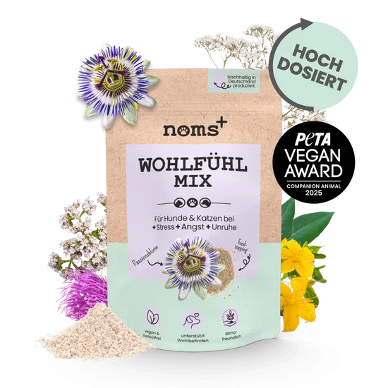 Noms+ Wohlfühlmix Pulver für Hunde & Katzen | Bei Stress, Angst, Unruhe & Hyperaktivität | 100% vegan & tierleidfrei