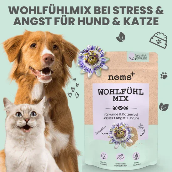 Noms+ Wohlfühlmix Pulver für Hunde & Katzen | Bei Stress, Angst, Unruhe & Hyperaktivität | 100% vegan & tierleidfrei