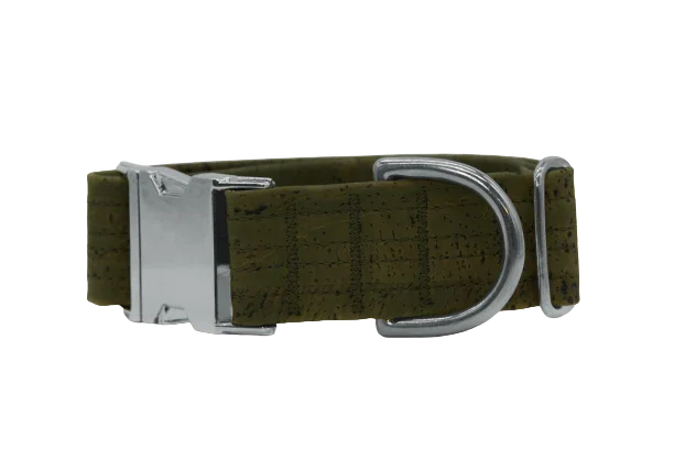 Hundehalsband mit Klickverschluss | Korkleder | Robust & Vegan | Olive/Silber
