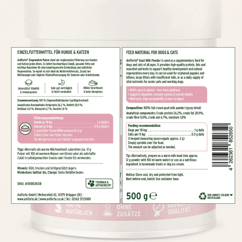 AniForte Ziegenmilch Pulver für Hunde & Katzen – Leicht Verdaulich, Stärkt Immunsystem & Ideal für Welpen, Kitten & Sensible Tiere