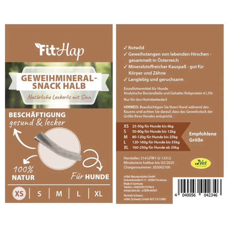 cdVet Fit-Hap Geweihmineral-Snack halb – Kausnack aus Rothirsch-Geweih für gesunde Zähne, starkes Zahnfleisch und langanhaltenden Kauspaß