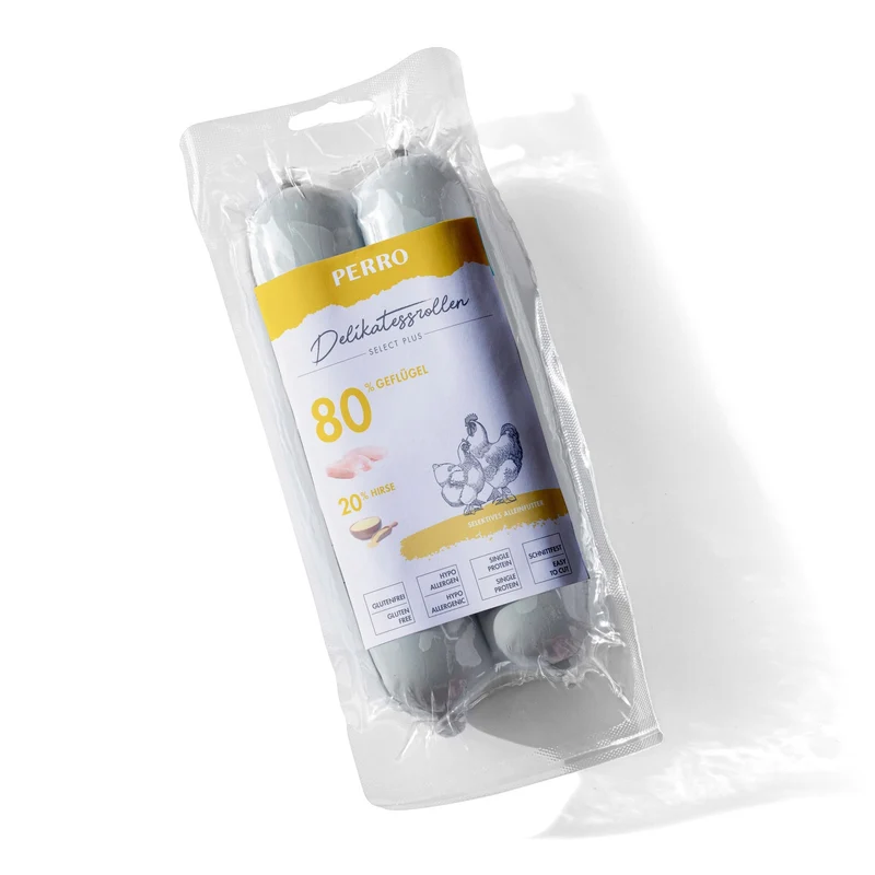 Perro Delikatessrolle No.2 Geflügel & Hirse – Glutenfreie Hundewurst für sensible Hunde mit Single-Protein Hühnerfleisch, ohne Zusatzstoffe, 2x400g Nassfutter