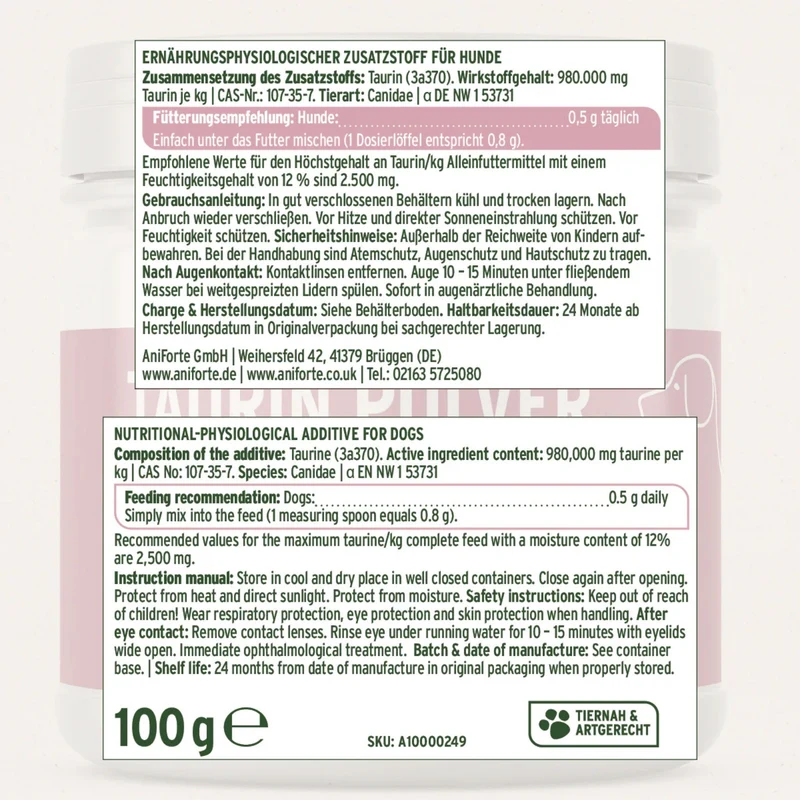 AniForte Taurin Pulver für Hunde – Hochdosiert & Rein für Herzgesundheit & Vitalität