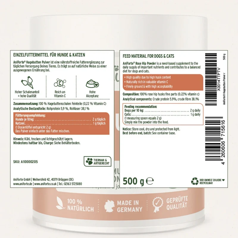 AniForte Hagebuttenpulver für Hunde – Natürliches Vitamin C für starke Gelenke & Immunsystem