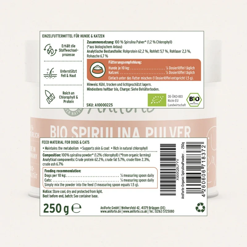 AniForte Bio Spirulina Pulver für Hunde – 100% Reine Mikroalge zur Stärkung von Immunsystem, Vitalität & Fellgesundheit