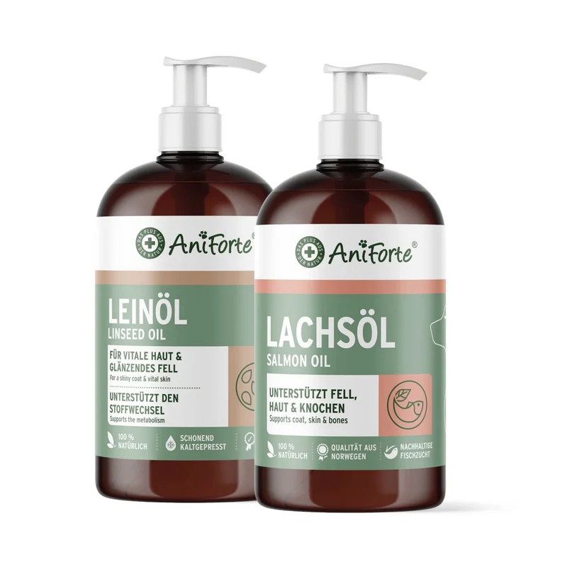 AniForte BARF-Öl Set mit Lachsöl & Leinöl für Hunde – Premium Omega-3 Komplett-Versorgung für glänzendes Fell, gesunde Haut, starke Gelenke & natürliche Vitalität