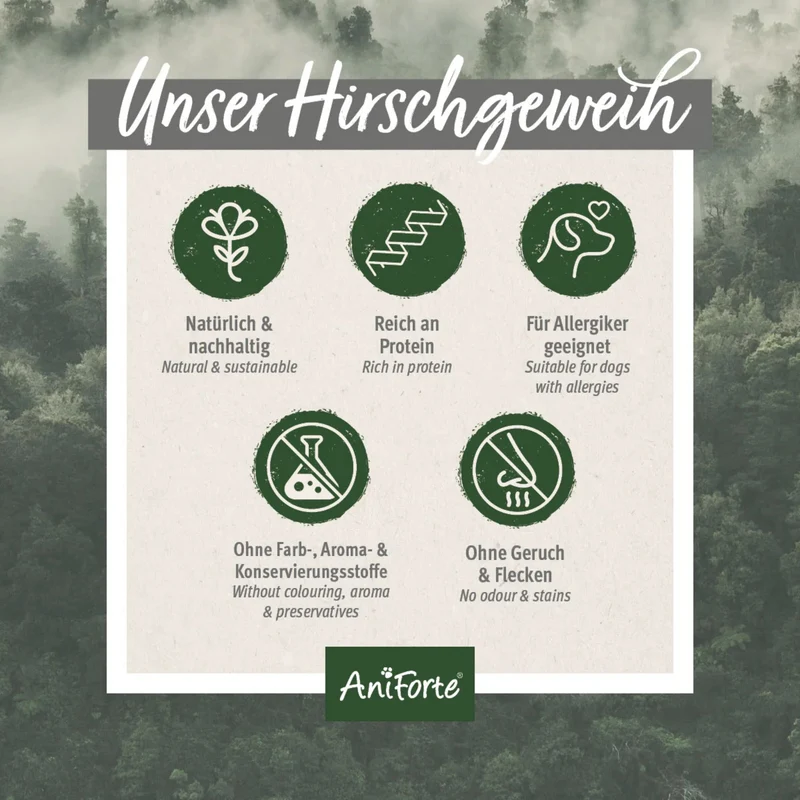 AniForte Hochland Hirschgeweih – Natürliche Kaustange für Hunde, splitterfrei & fettarm
