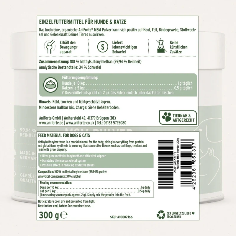 AniForte MSM Pulver für Hunde – Hochreines Methylsulfonylmethan für gesunde Gelenke & Beweglichkeit