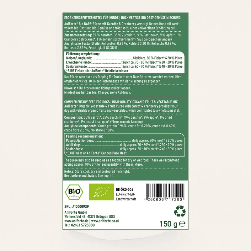 AniForte BIO BARF-Püree mit Karotte & Cranberry – Natürliche Vitaminpower für Hunde