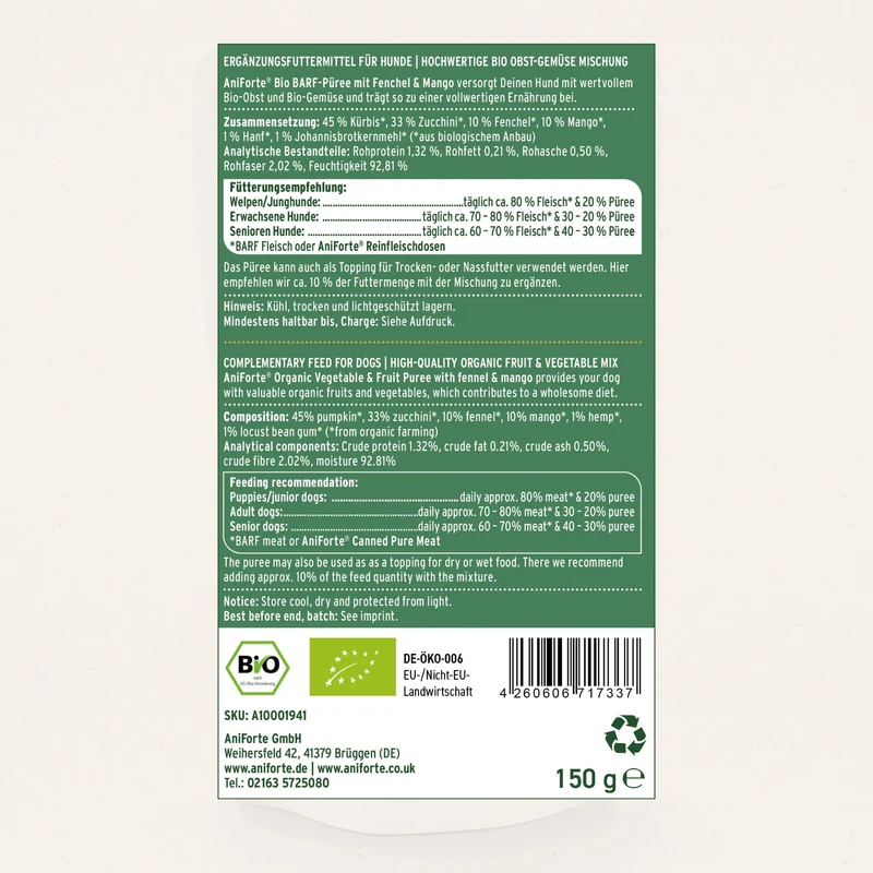 AniForte BIO BARF-Püree mit Fenchel & Mango für Hunde – Für natürliche Verdauungsunterstützung