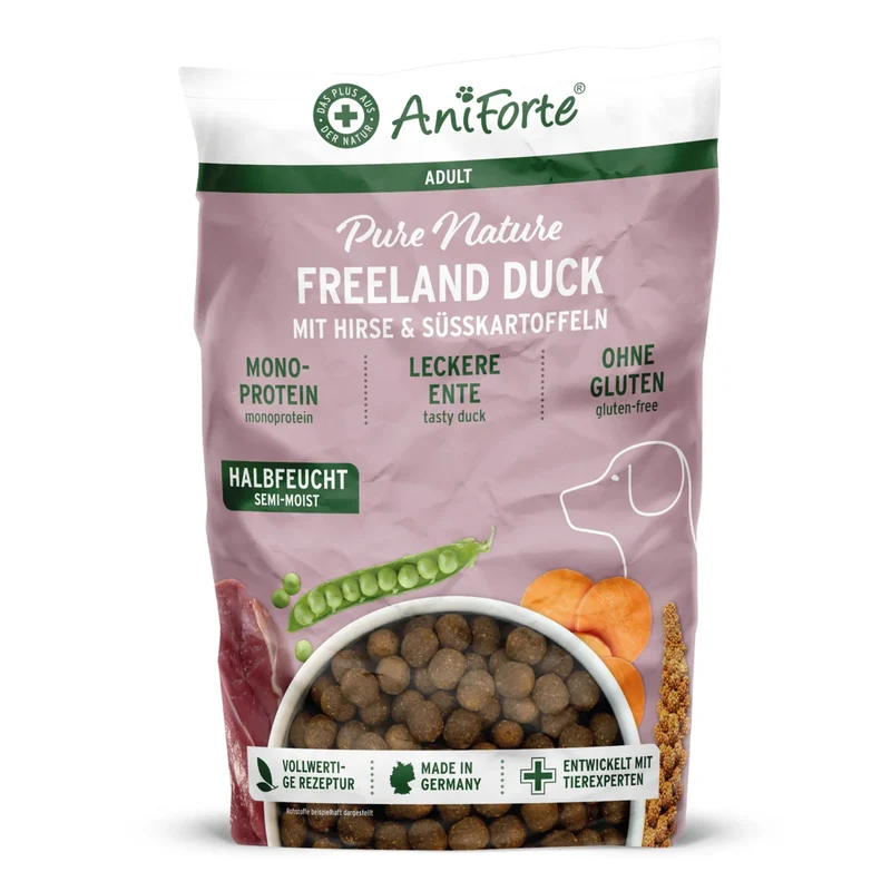 AniForte Pure Nature Freeland Duck Hunde Trockenfutter – Halbfeucht, Leicht Verdaulich & Reich an Omega-3 für sensible & ältere Hunde