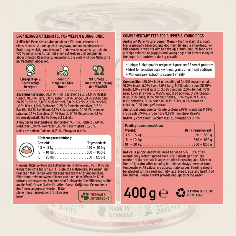 AniForte Pure Nature Junior Menu Beef – Premium Welpen-Nassfutter für gesundes Wachstum, 100% natürlich & getreidefrei