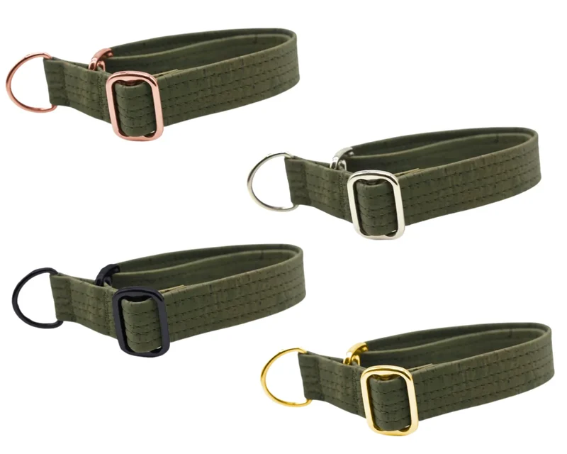 Zugstopp Halsband | Korkleder | Umweltfreundlich | Robust & Vegan | Olive | Beschläge wählbar