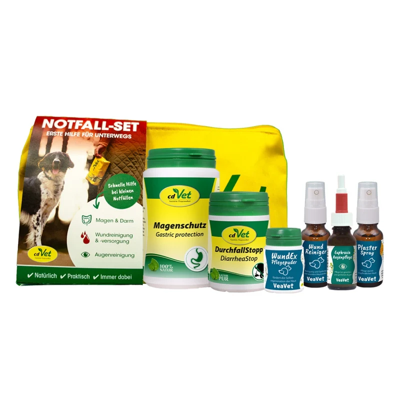 cdVet Notfall-Set für unterwegs – Erste Hilfe für Hunde bei Durchfall, Wunden, Magenproblemen & Augenpflege