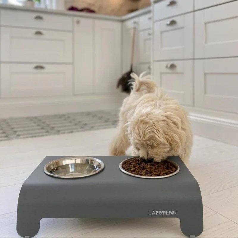 LABBVENN RICO Futterstation für Hunde | Edelstahlnäpfe | 3 Größen | Grau